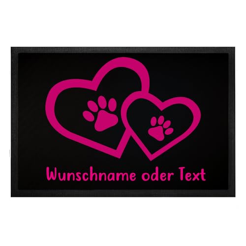 Tierisch-tolle Geschenke Fußmatte für Hundebesitzer „Herz und Pfote“ mit Namen | personalisiert | rutschfest | Waschbar (Schwarze Leinenoptik mit Pinker Schrift) von Tierisch-tolle Geschenke