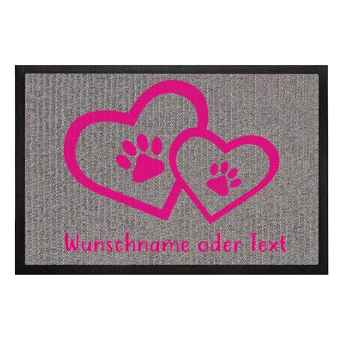 Tierisch-tolle Geschenke Fußmatte für Hundebesitzer „Herz und Pfote“ mit Namen | personalisiert | rutschfest | Waschbar (Teppichoptik mit Pinker Schrift) von Tierisch-tolle Geschenke