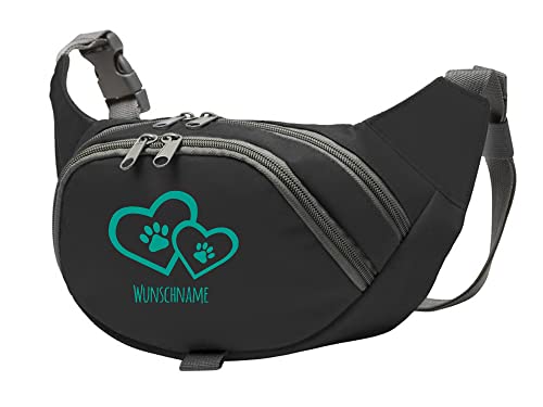 Tierisch-tolle Geschenke Hundesport Bauchtasche Leckerlie-Tasche mit 2 Herzen, 2 Pfoten und Wunschnamen personalisiert | Hundetraining | Leckerlie Beutel (Schwarz/Türkis) von Tierisch-tolle Geschenke