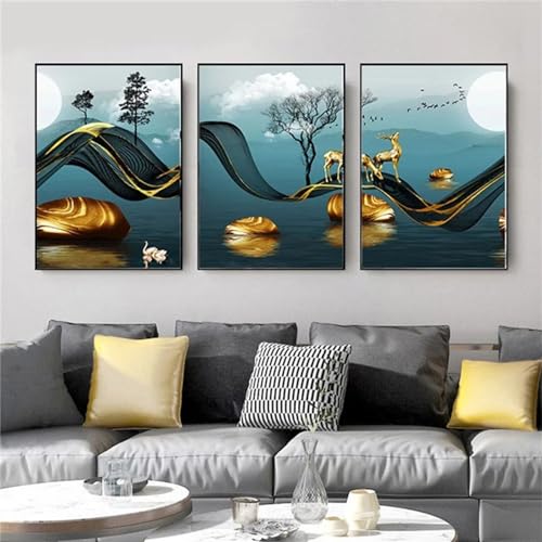 3 Stück Diamant Painting Bilder Hirschlandschaft Diamond Painting Erwachsene Groß 5D Diamond Art Painting Kinder Basteln Voll Set Diamond Painting mit Zubehör für Room Decor Wohnwand 80x120cm F-5541 von Tifnuer