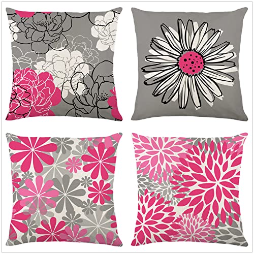 4er Pack Kissenbezug 45x45cm Hochwertige Qualität Rosa Gänseblümchen Kissenhülle Doppelseitig Leinen Outdoor Kissen Mit verdecktem Reißverschluss für Wohnzimmer Sofa Schlafzimmer Dekor kissenbezüge von Tifnuer