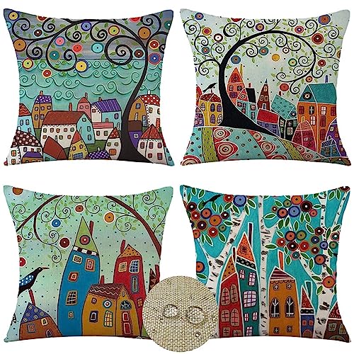 4er Set Kissenbezüge 40x40cm Outdoor Wasserdichtes Leinen Kissenbezug Bunt Sommer Dekorative Kissenhülle Abstrakt Garten Zierkissenbezüge für Wohnzimmer Sofakissen Kopfkissenbezug Boho Kissen R-6736 von Tifnuer