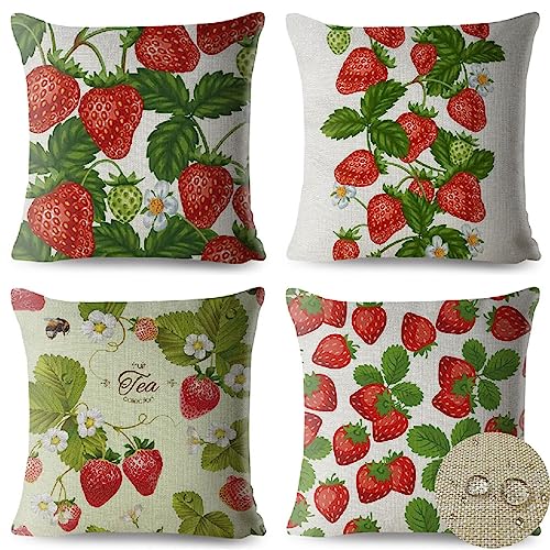 4er Set Kissenbezüge 40x40cm Outdoor Wasserdichtes Leinen Kissenbezug Rot Sommer Dekorative Kissenhülle Erdbeere Garten Zierkissenbezüge für Wohnzimmer Sofakissen Kopfkissenbezug Boho Kissen R-4264 von Tifnuer