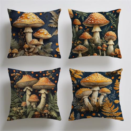 Kissenbezug 70x70 cm Outdoor Kissen Wetterfest Samt Kissenbezug Gelb Pilz 4er Set Rechteckiger Kopfkissenbezug Weicher Atmungsaktiv mit Unsichtbarem Reißverschluss für Balkon Deko Wohnzimmer T-292 von Tifnuer