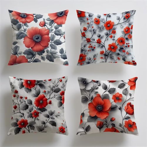 Kissenbezug 70x70 cm Outdoor Kissen Wetterfest Samt Kissenbezug Rot Blumen 4er Set Rechteckiger Kopfkissenbezug Weicher Atmungsaktiv mit Unsichtbarem Reißverschluss für Balkon Deko Wohnzimmer T-240 von Tifnuer
