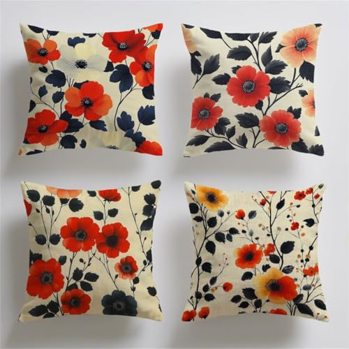 Kissenbezug 80x80 cm Outdoor Kissen Wetterfest Samt Kissenbezug Rot Blumen 4er Set Rechteckiger Kopfkissenbezug Weicher Atmungsaktiv mit Unsichtbarem Reißverschluss für Balkon Deko Wohnzimmer T-241 von Tifnuer