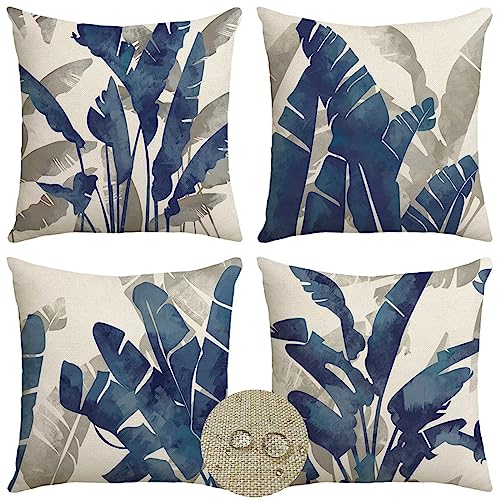 Kissenbezug Outdoor Kissen Wetterfest Leinen Blau Sommer Dekokissen Kopfkissen Pflanze Blatt Kissenbezüge Herbst Garten Terrasse Kissenhülle für Sofa Wohnzimmer Zierkissenbezug 40x40cm 4er Set R-6268 von Tifnuer