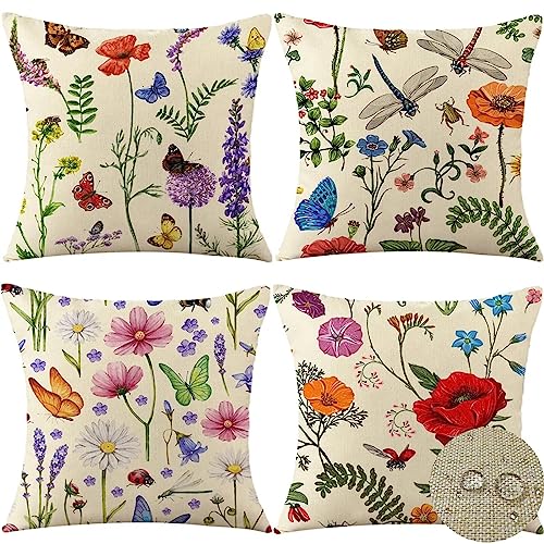 Kissenbezug Outdoor Kissen Wetterfest Leinen Buntes Sommer Dekokissen Kopfkissen Blume Kissenbezüge Herbst Garten Terrasse Kissenhülle für Sofa Wohnzimmer Bett Zierkissenbezug 45x45cm 4er Set R-1925 von Tifnuer