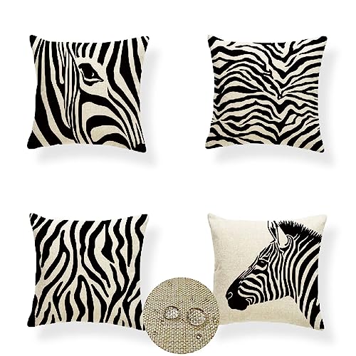 Kissenbezug Outdoor Kissen Wetterfest Leinen Schwarz Sommer Dekokissen Kopfkissen Zebra Kissenbezüge Herbst Garten Terrasse Kissenhülle für Sofa Wohnzimmer Bett Zierkissenbezug 60x60cm 4er Set R-5384 von Tifnuer