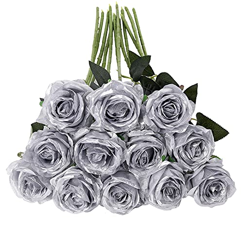 Tifuly 12 PCS Künstliche Rosen, 19,68 '' Single Long Stem Fake Rose Seide Braut Hochzeitsstrauß Realistische Blume für Hausgarten Party Hotel Büro Dekor (Blossom Roses, Silber) von Tifuly