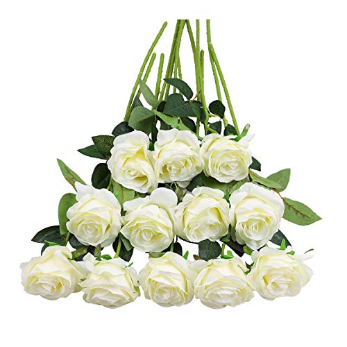 Tifuly 12 PCS Künstliche Rosen, 19,68 '' Single Long Stem Fake Rose Seide Braut Hochzeitsstrauß Realistische Blume für Hausgarten Party Hotel Büro Dekor (Blossom Roses, Weiß) von Tifuly