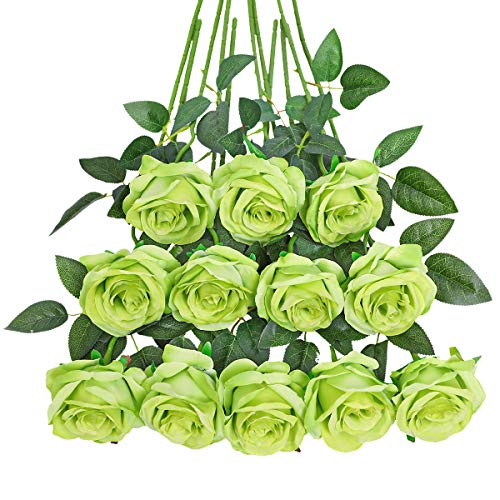 Tifuly 12 PCS Künstliche Rosen, 19,68 '' Single Long Stem Fake Rose Seide Braut Hochzeitsstrauß Realistische Blume für Hausgarten Party Hotel Büro Dekor (Blüten Rosen, Grün) von Tifuly