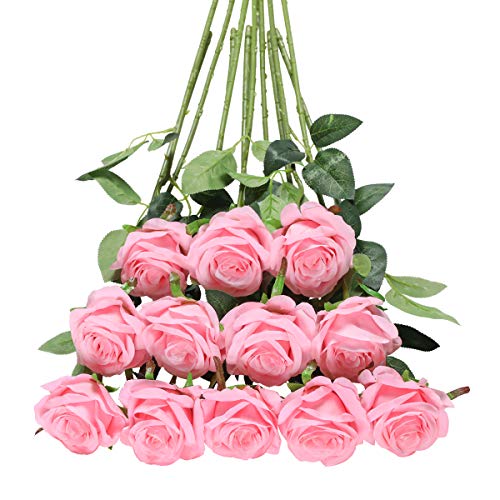 Tifuly 12 PCS Künstliche Rosen, 19,68 '' Single Long Stem Fake Rose Seide Braut Hochzeitsstrauß Realistische Blume für Hausgarten Party Hotel Büro Dekor (Blüten Rosen, Hellrosa) von Tifuly