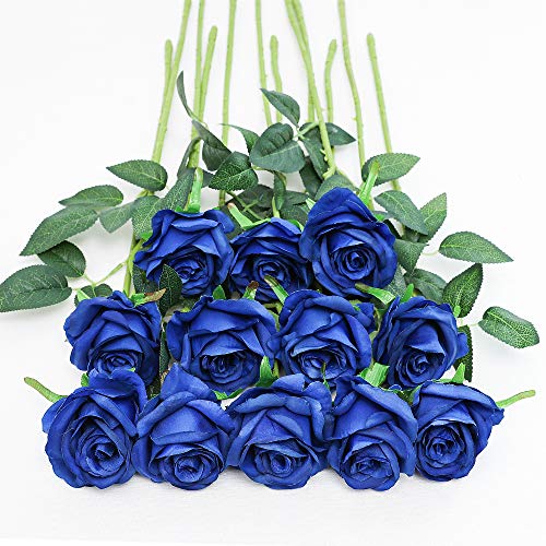 Tifuly 12 PCS Künstliche Rosen, 19,68 '' Single Long Stem Fake Rose Seide Braut Hochzeitsstrauß Realistische Blume für Hausgarten Party Hotel Büro Dekor (Blossom Roses, Blau) von Tifuly