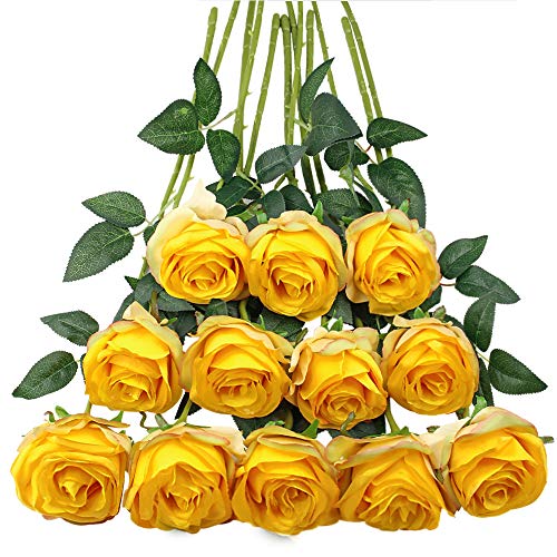 Tifuly 12 PCS Künstliche Rosen, 19,68 '' Single Long Stem Fake Rose Seide Braut Hochzeitsstrauß Realistische Blume für Hausgarten Party Hotel Büro Dekor (Blossom Roses, Gelb) von Tifuly