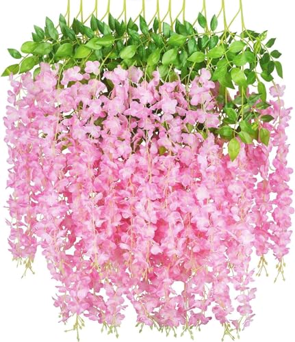 Tifuly 12er Pack künstliche Glyzinien Reben, 3,6 Fuß Triple Stem Ratta gefälschte Glyzinien Lange Girlande Seidenblume hängende Zeichenfolge für Home Party Hochzeit Decke Dekor (Rosa) von Tifuly