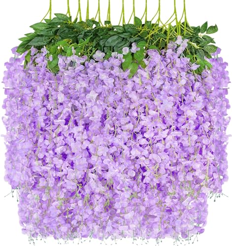 Tifuly 12er Pack künstliche Glyzinien Reben, 3,6 Fuß Triple Stem Ratta gefälschte Glyzinien Lange Girlande Seidenblume hängende Zeichenfolge für Home Party Hochzeit Decke Dekor (Violett) von Tifuly