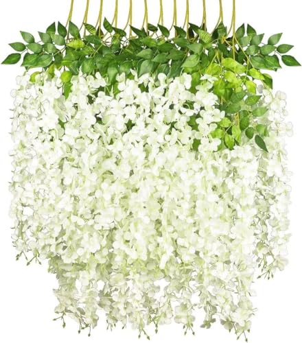 Tifuly 12er Pack künstliche Glyzinien Reben, 3,6 Fuß Triple Stem Ratta gefälschte Glyzinien Lange Girlande Seidenblume hängende Zeichenfolge für Home Party Hochzeit Decke Dekor (Weiß) von Tifuly