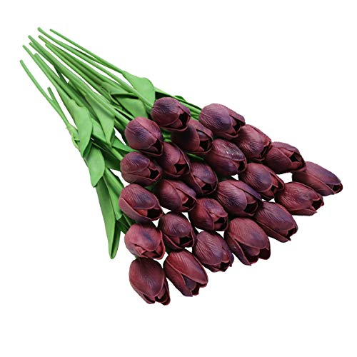 Tifuly 24 Stück künstliche Tulpen, realistische Latex-Tulpe mit weichem PU-Stiel, Elegante Blumendekoration für Brautsträuße, Haus, Party, Büro, DIY Blumenarrangements(Dunkel Rot) von Tifuly