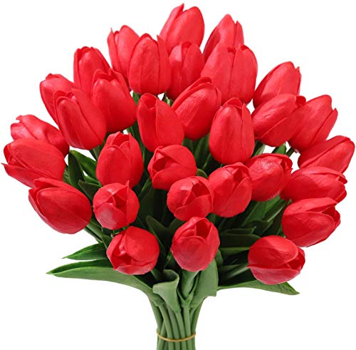 Tifuly 24 Stück künstliche Tulpen, realistische Latex-Tulpe mit weichem PU-Stiel, Elegante Blumendekoration für Brautsträuße, Haus, Party, Büro, DIY Blumenarrangements(Rot) von Tifuly