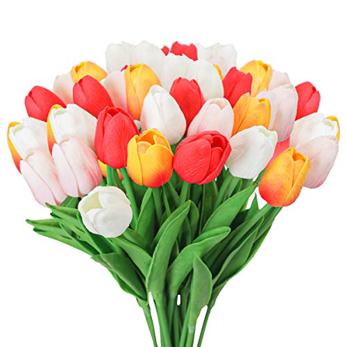 Tifuly 24 Stück künstliche Tulpen, realistische Latex-Tulpe mit weichem PU-Stiel, Elegante Blumendekoration für Brautsträuße, Haus, Party, Büro, DIY Blumenarrangements (Weiß+Rosa+Orange+Rot) von Tifuly