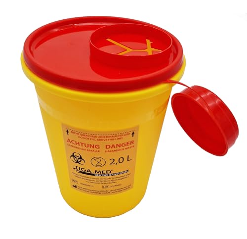 TIGA-MED Kanülen Abwurfbehälter | 50 Stück | 2 Liter / 2000ml | Kanülenbox | Entsorgungsbox für Kanülen Spritzen | Kanülensammelbox Kanülensammler Nadelabfallbehälter von Tiga-Med
