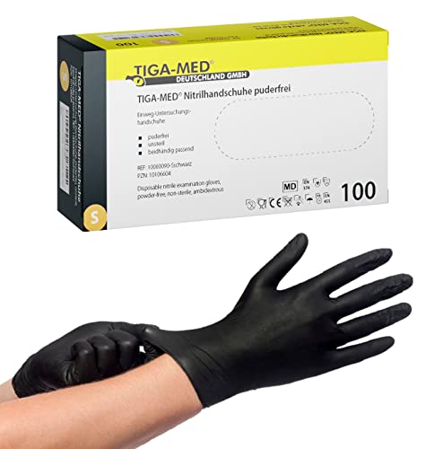 Tiga-Med Nitrilhandschuhe Tiga-Black puderfrei schwarz 100 Stück Größe Small Einmalhandschuhe Nitril Einweg- Handschuhe ohne Latex von Tiga-Med