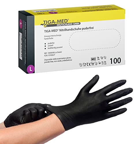 Tiga-Med Nitrilhandschuhe puderfrei schwarz Tiga Black 100 Stück Größe Large ohne Latex Einmalhandschuhe Nitril Einweg- Handschuhe von Tiga-Med