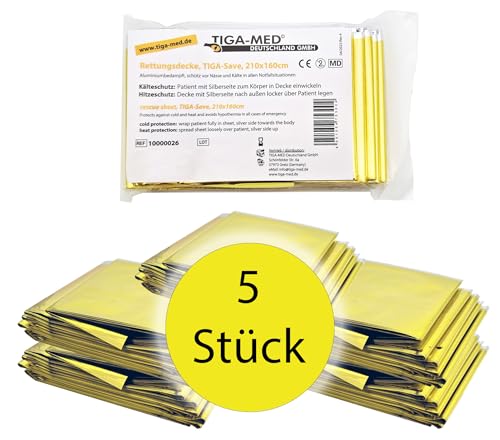Tiga-Med Rettungsdecke Rettungsdecken 5er Set (= 5 Stück) Gold/Silber 210x160cm Rettungsfolie für Erste Hilfe Notfall Rettungsdienst von Tiga-Med