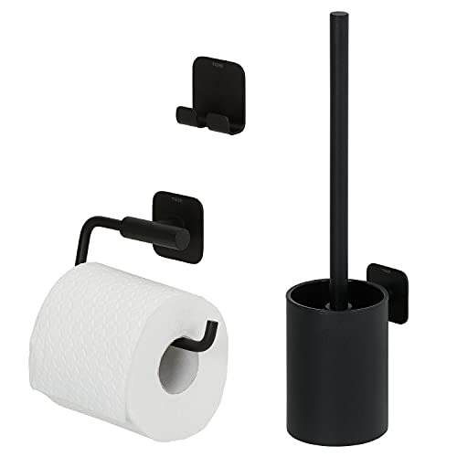 Tiger Colar Badaccessoire-Set, 3-teilig, bestehend aus Toilettenpapierhalter zur Wandmontage, Haken und WC-Bürste, Montage ohne Bohren dank integrierter Klebefolie, Edelstahl, Schwarz von Tiger