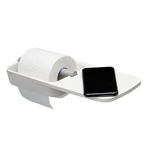 Tiger Tess Toilettenpapierhalter mit praktischer Ablage, Montage zum Schrauben oder Kleben, Kunststoff, Farbe: Weiß / Hellgrau von Tiger