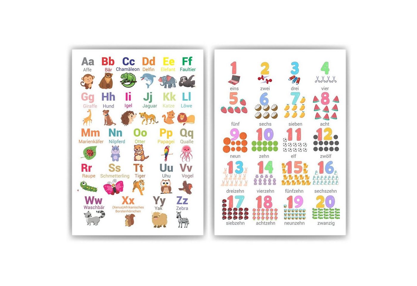 Tigerlino Poster 2er Set Tier ABC, Zahlen Lernposter Kinderzimmer Alphabet Lernhilfe von Tigerlino