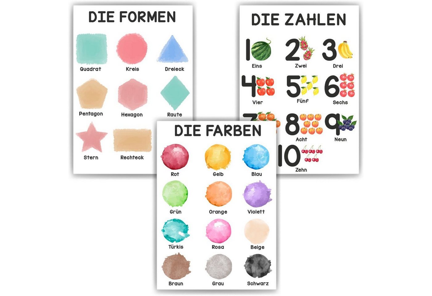 Tigerlino Poster 3er Set Formen Zahlen, Farben Lernposter Kinderzimmer Lernhilfe Poster Tigerlino Poster 3er Set Formen Zahlen, Farben Lernposter Kinderzimmer Lernhilfe Poster von Tigerlino