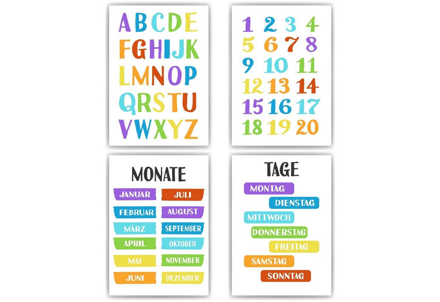 Tigerlino Poster 4er Set ABC, Zahlen, Monate & Tage Lernposter Alphabet Kinderzimmer von Tigerlino