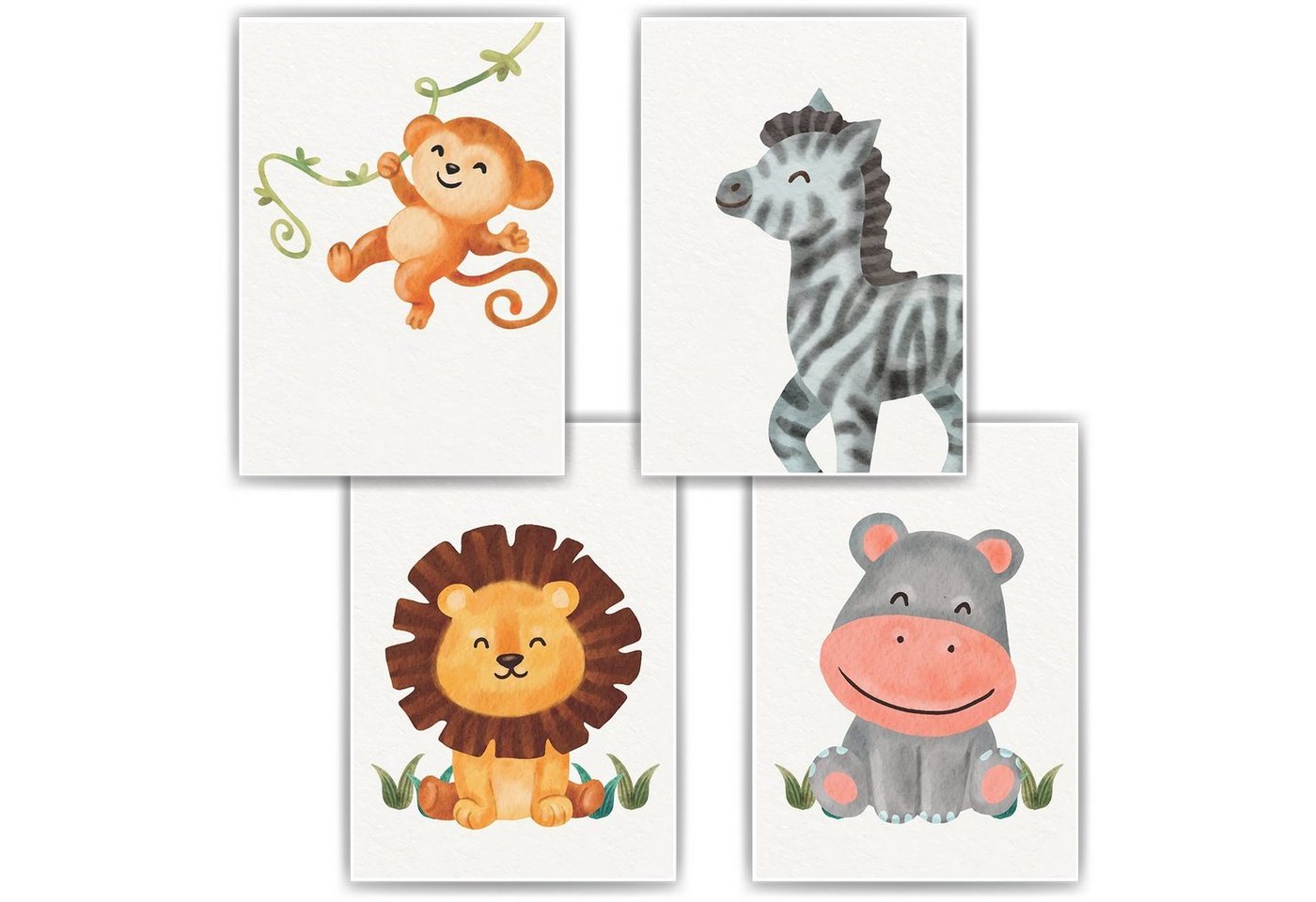 Tigerlino Poster Affe Zebra Löwe Nilpferd Safari Tiere 4er Set Kinderzimmer Wandbilder von Tigerlino