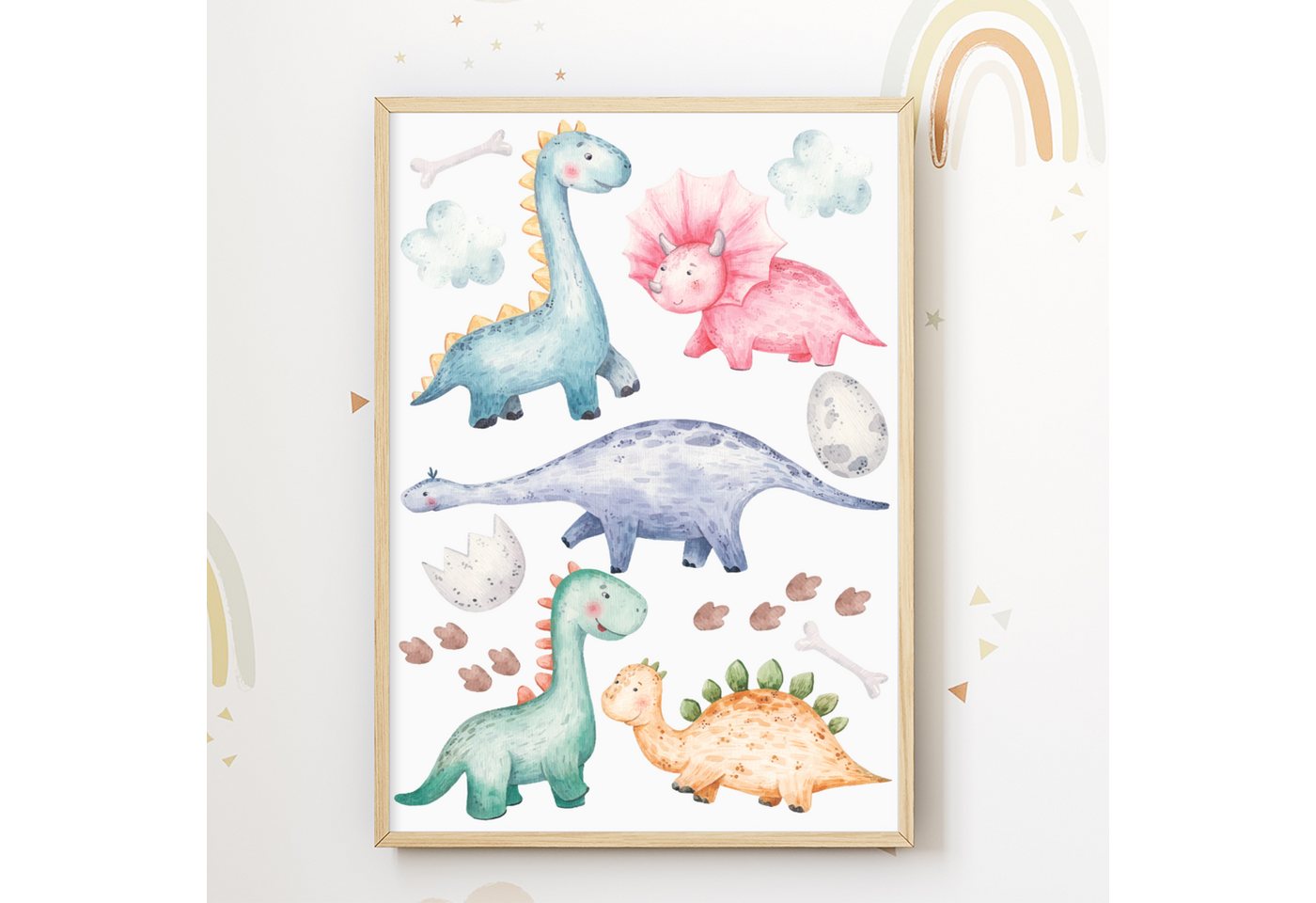 Tigerlino Poster Dinosaurier Bild Kinderzimmer Bunte Dino Deko Babyzimmer Wandbild von Tigerlino