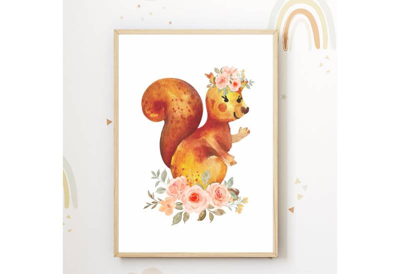 Tigerlino Poster Eichhörnchen Blumen Bild Kinderzimmer Wandbild Deko Babyzimmer Poster von Tigerlino