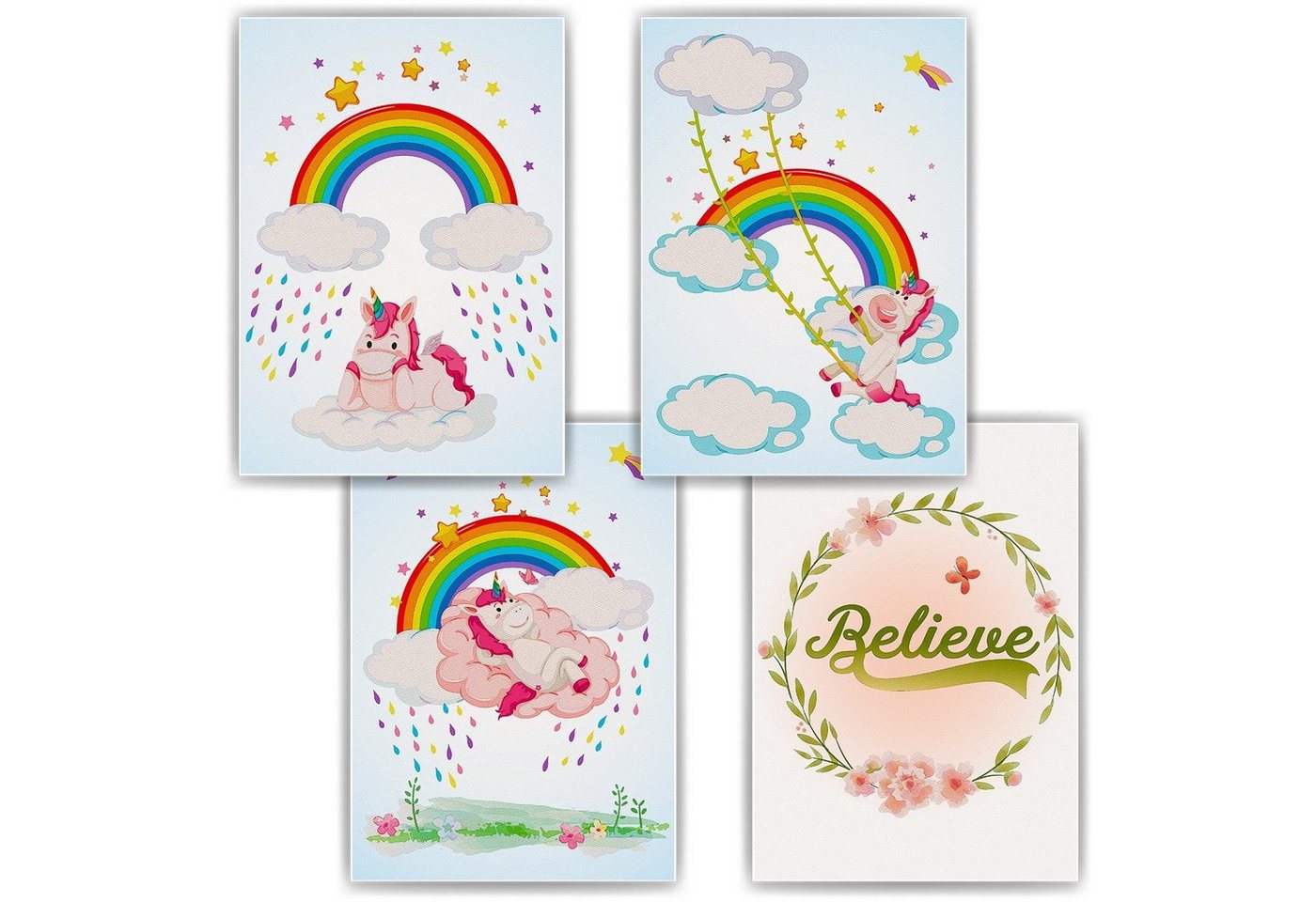 Tigerlino Poster Einhorn Regenbogen 4er Set Kinderzimmer Wandbilder Babyzimmer Poster von Tigerlino