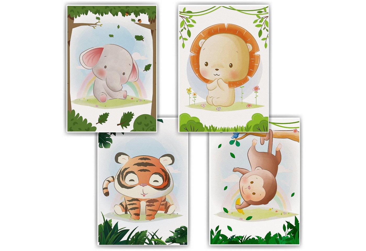 Tigerlino Poster Elefant Löwe Tiger Affe Safari Tiere 4er Set Kinderzimmer Wandbilder von Tigerlino