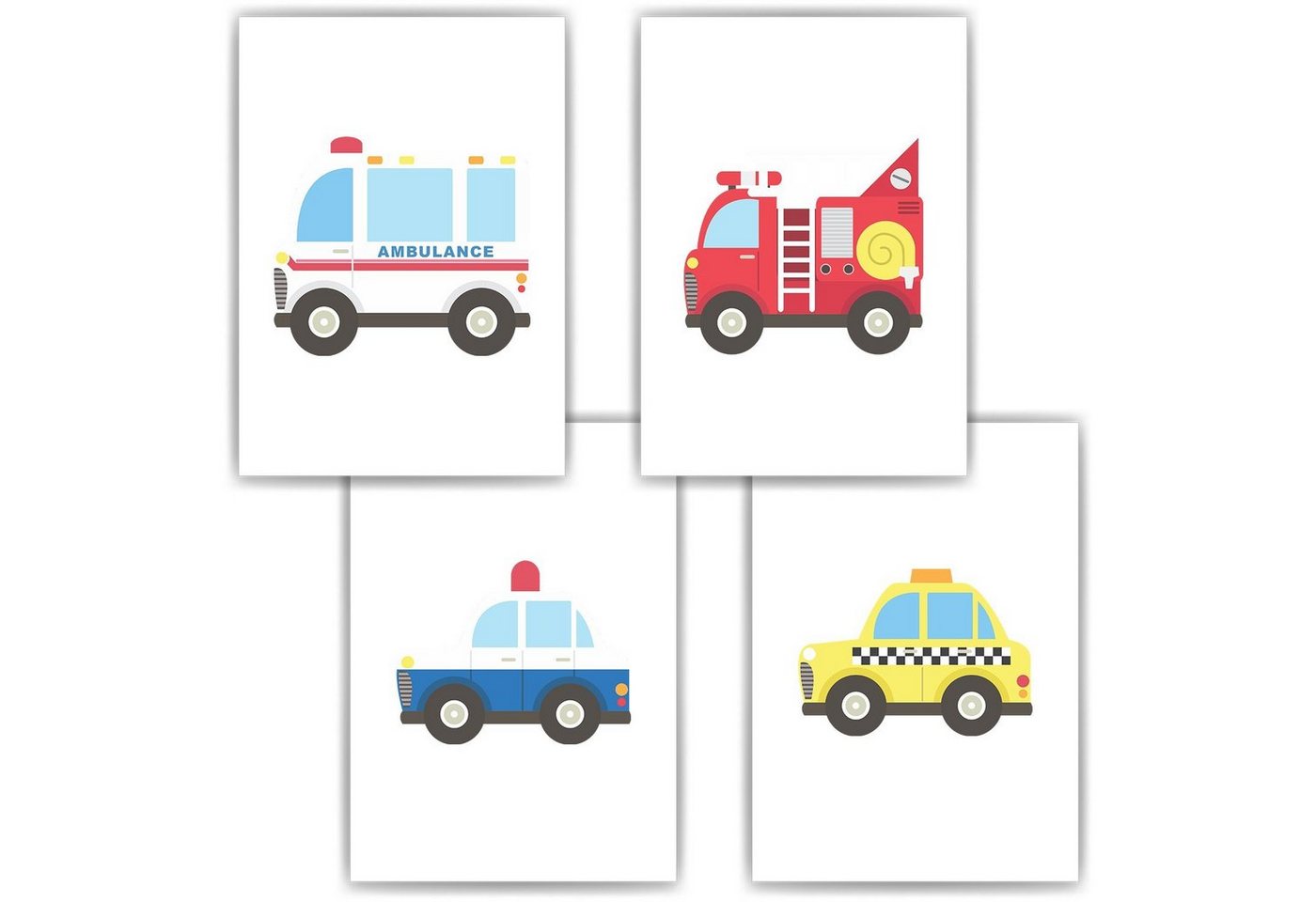 Tigerlino Poster Krankenwagen Feuerwehr Polizei Taxi Autos 4er Set Kinderzimmer Bilder von Tigerlino