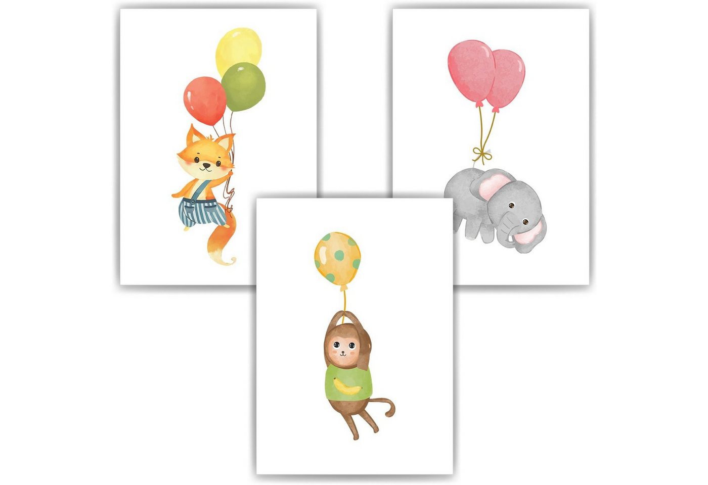 Tigerlino Poster Luftballon Tiere 3er Set Kinderzimmer Bilder Fuchs Affe Elefant von Tigerlino