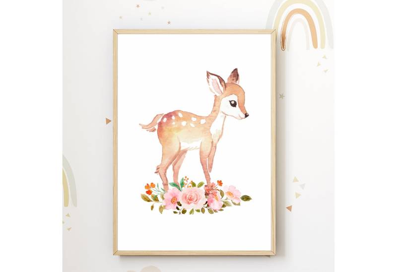 Tigerlino Poster Reh Blumen Waldtier Bild Kinderzimmer Wandbild Deko Babyzimmer Poster von Tigerlino