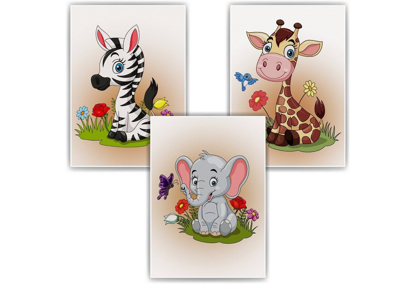 Tigerlino Poster Safari Tiere Zebra Elefant Giraffe 3er Set Kinderzimmer Wandbilder von Tigerlino