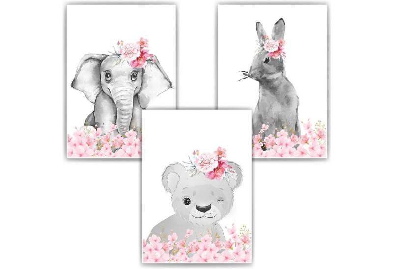 Tigerlino Poster Süße Blumen Tiere Elefant Tiger Hase Bilder 3er Set Kinderzimmer von Tigerlino