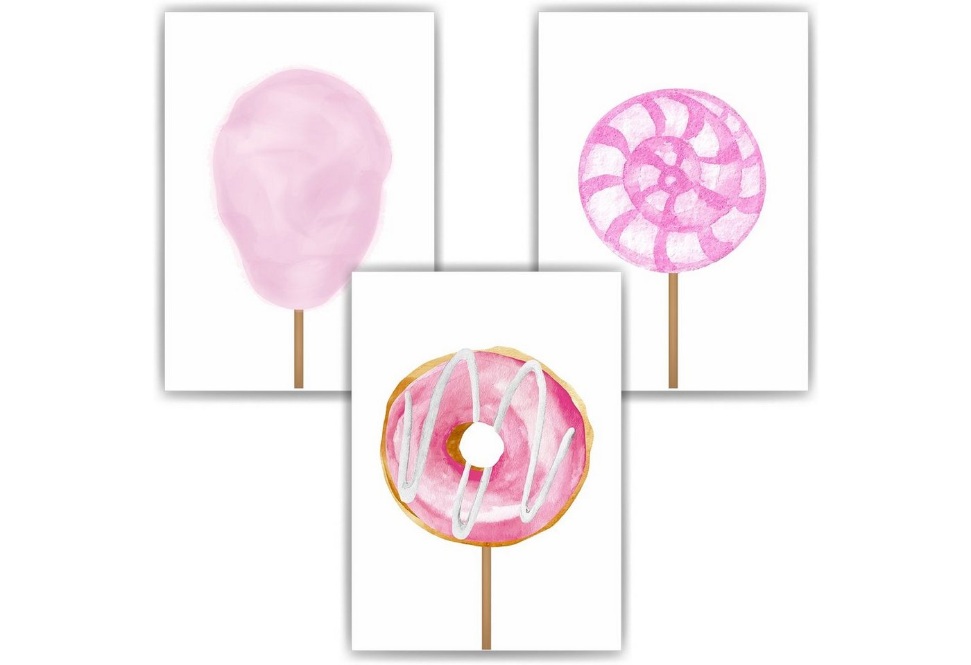 Tigerlino Poster Süßigkeiten Zuckerwatte Donut Lollipop 3er Set Kinderzimmer Wandbilder von Tigerlino