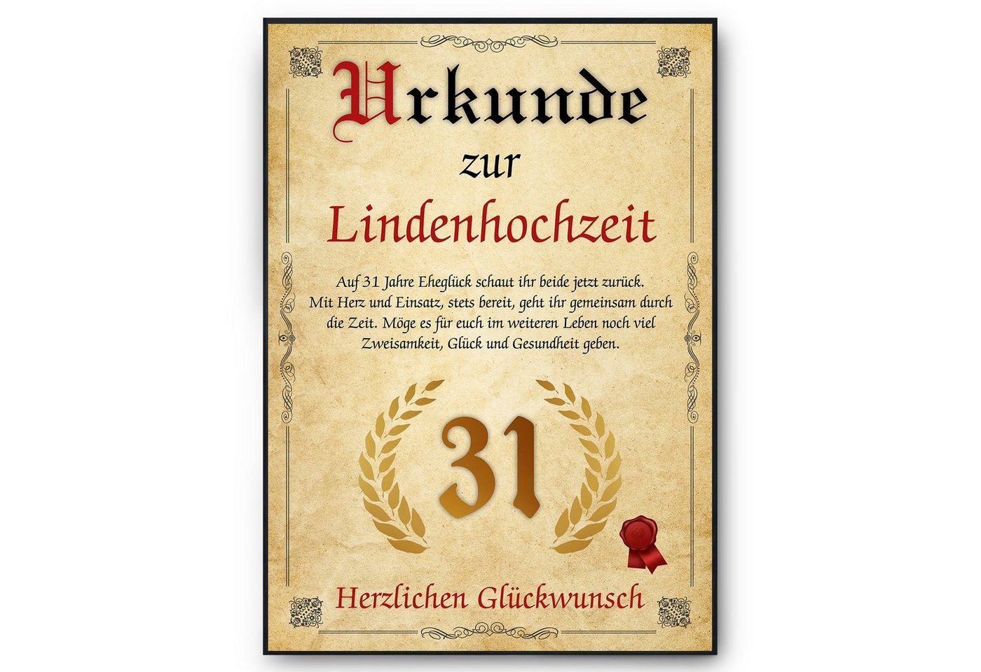 Tigerlino Poster Urkunde zum 31. Hochzeitstag Geschenk 31. Jahrestag Karte Ehepaar, Lindenhochzeit von Tigerlino