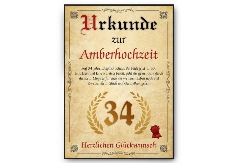Tigerlino Poster Urkunde zum 34. Hochzeitstag Geschenk 34. Jahrestag Karte Ehepaar, Amberhochzeit Tigerlino Poster Urkunde zum 34. Hochzeitstag Geschenk 34. Jahrestag Karte Ehepaar, Amberhochzeit von Tigerlino