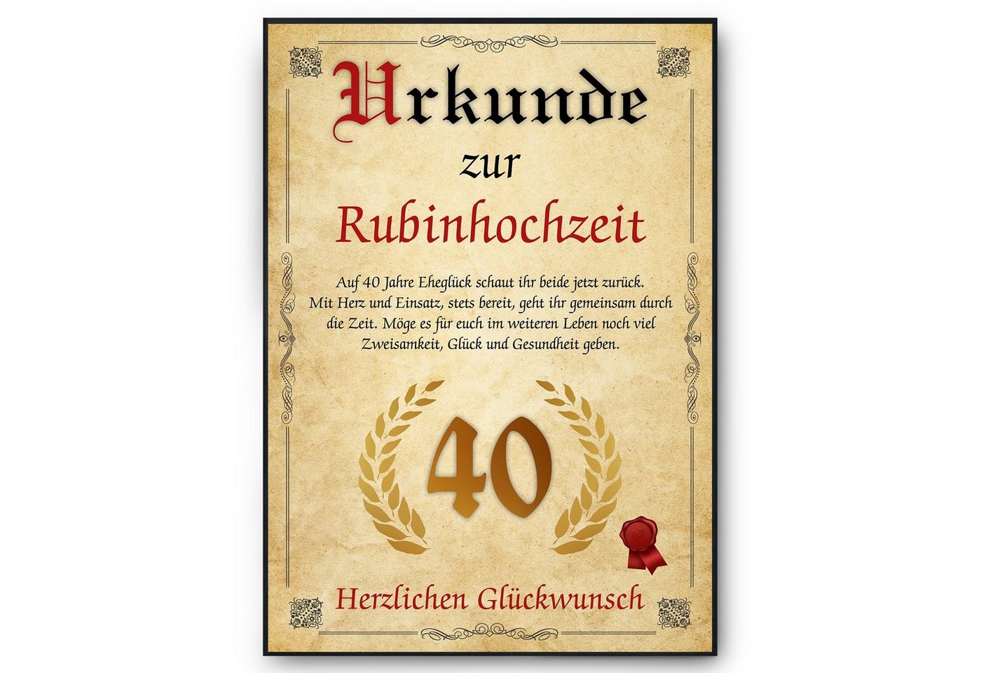 Tigerlino Poster Urkunde zum 40. Hochzeitstag Geschenk 40. Jahrestag Karte Ehepaar, Rubinhochzeit von Tigerlino