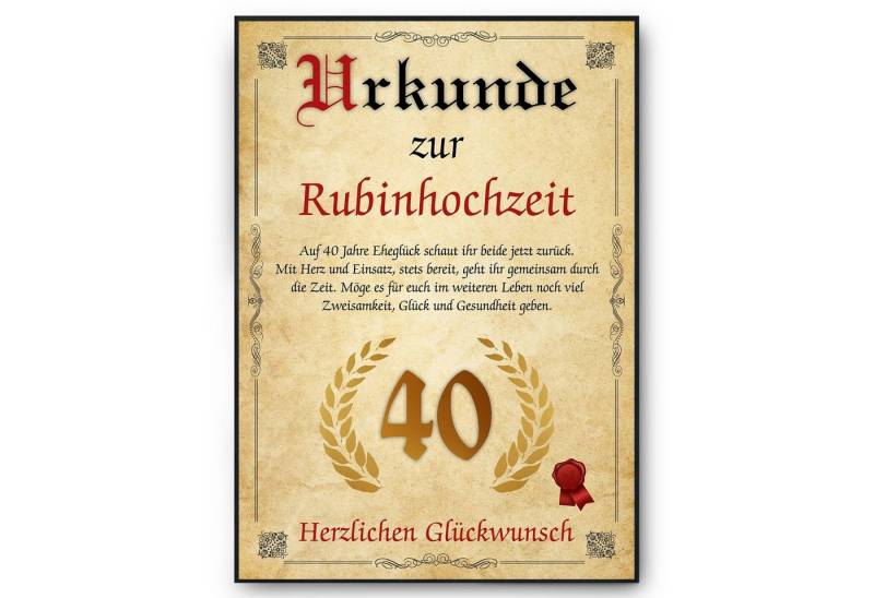 Tigerlino Poster Urkunde zum 40. Hochzeitstag Geschenk 40. Jahrestag Karte Ehepaar, Rubinhochzeit Tigerlino Poster Urkunde zum 40. Hochzeitstag Geschenk 40. Jahrestag Karte Ehepaar, Rubinhochzeit von Tigerlino