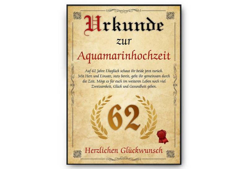 Tigerlino Poster Urkunde zum 62. Hochzeitstag Geschenk 62. Jahrestag Karte Ehepaar, Aquamarinhochzeit von Tigerlino